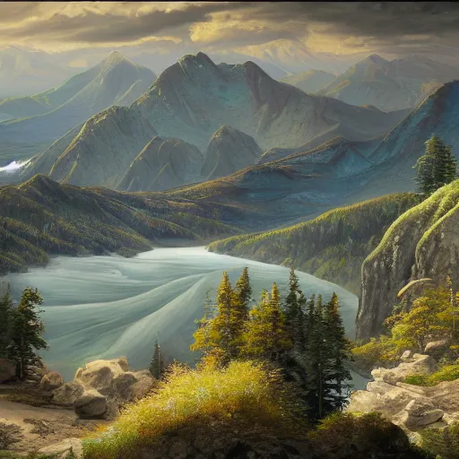 Image similar to a beautiful painting of a scene about a panorama of rivers and mountains, by victo nagi and yuumei and james jean, trending on artstation., ultrawide viewn and highly detailed matte painting - h 6 4 0 - w 1 2 8 0