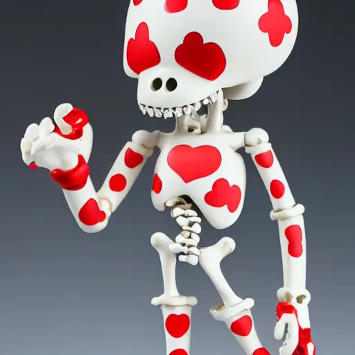 Image similar to A smiling off-white colored cheburashka skeleton porcelain figurine with a broken red heart hidden under the bones, 4k, shiny, high definition, detailed product shot, kaws