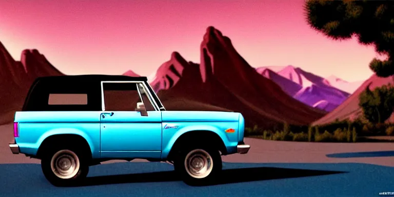 Image similar to a cinematic keyframe matte painting of a sleek 1 9 7 0 s vaporwave concept vehicle retro - futurism sci - fi skey blue ford bronco car in an open garage in the colorado, view from the street. in the moonlight. rocky mountains. by eric lafforgue, glennray tutor and edward hopper, greg rutkowski. trending on artstation.