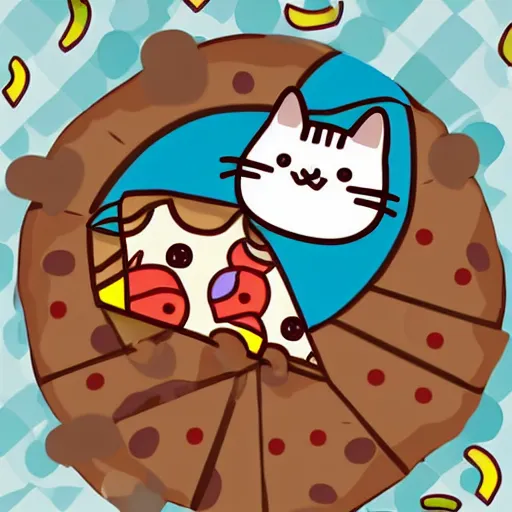 Image similar to a cartoon of pusheen the cat dressed up as a pizza, illustrated by claire belton and andrew duff