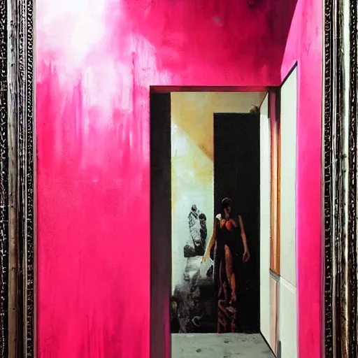 Prompt: diego dayer, hyperrealistic surrealism, award winning masterpiece with incredible details, a surreal vaporwave painting of bright pink door leading to nowhere, mirrors everywhere, highly detailed, hallway with black and white checkered floor, intricate, elegant