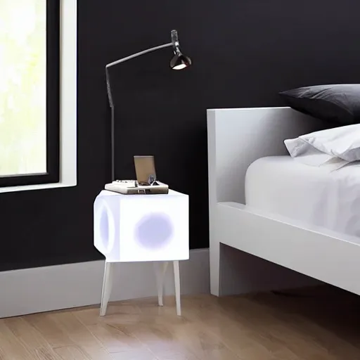 Prompt: white zen clean modern minimalist bedside table, softly lit, cool, clean, bright, spiritual vibes