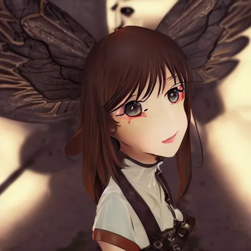 Image similar to anime girl with copper steampunk wings winking, extremely detailed, cinematic lighting, portrait, beautiful, sky,