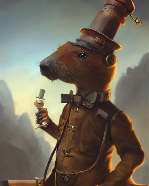 Prompt: oil painting of anthropomorphized capybara holding a pipe, steampunk clothes, close shot, full body, dark steampunk mine shaft background, sharp focus, fantasy style, octane render, volumetric lighting, 8k high definition, by greg rutkowski, highly detailed, trending on art Station, dungeons and dragons artwork, centered