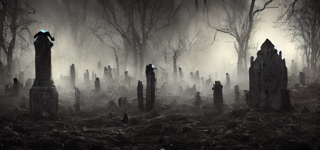 Prompt: A dark and haunted graveyard with Big Evil ghost in the style of Keith Thompson, christopher bretz and kael ngu and Zdzislaw Beksinski, Artstation HD, 8k, Surrealistic digital artwork, highly detailed, digital painting, HDRI, vivid colors, high contrast, 8k resolution, intricate, photorealistic, smooth