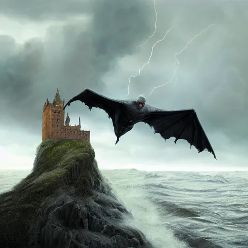 Prompt: voldemort, huge wings, scary weather, stormy, ocean, exudes terror ， island ， castle ， vine, spitfire, photography, hyperrealistic, by greg rutkowski, smooth, illustration, elegant, artstation, digital painting.