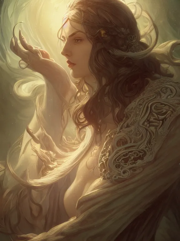 Image similar to summoner of cthulhu, d & d, thick robe, elder gods, fantasy, intricate, elegant, highly detailed, digital painting, artstation, concept art, wallpaper, smooth, sharp focus, illustration, art by artgerm and greg rutkowski and alphonse mucha