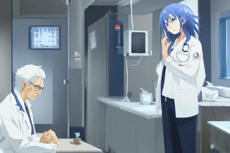 Prompt: a cute and beautiful young female doctor wearing white coat are talking with an old professor in a hospital, slice of life anime, lighting, anime scenery by Makoto shinkai