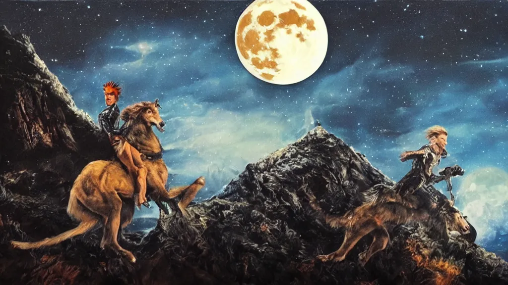 Image similar to epic oil painting of a close up of a highly detailed David Bowie riding a (wolf) at night, on top of a large cliff, with the full moon in the background, highly detailed