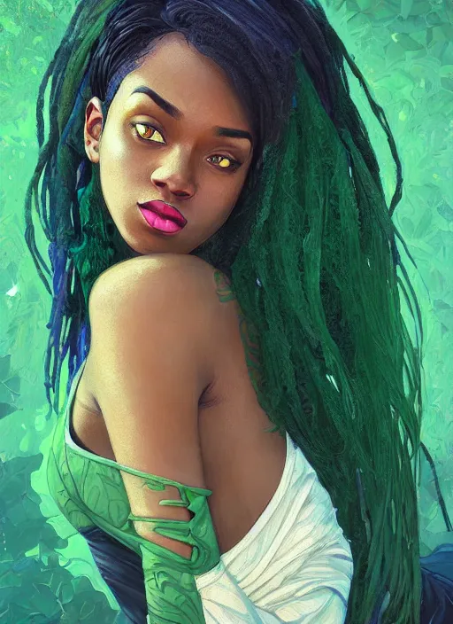 Prompt: handsome and beautiful black women with shoulder length green hair, half body shot, path traced, highly detailed, high quality, digital painting, alena aenami, lilia alvarado, shinji aramaki, karol bak, alphonse mucha, tom bagshaw