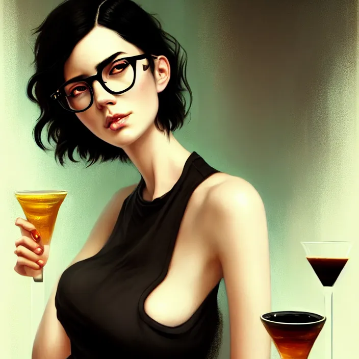 Prompt: a young sophisticated beautiful barmaid, dimly lit dive bar, hip modern vibe, relaxed pose, wavy short black hair and glasses, pale skin, wild, highly detailed, digital painting, artstation, sharp focus, illustration, detailed painterly digital art style by ross tran and ramond swanland and liam wong + perfect facial symmetry + dim volumetric lighting, vibrant deep colors, 🍸, 8k octane beautifully detailed render, post-processing, extremely hyperdetailed, epic composition, grim yet sparkling atmosphere, cinematic lighting + masterpiece, Art Nouveau, unreal engine, hyperrealistic, old english, sepia