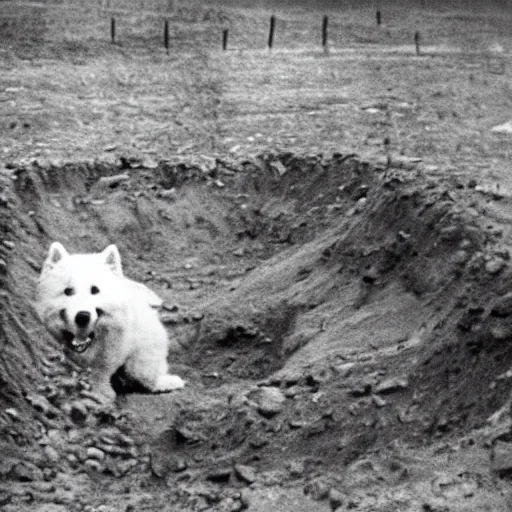 Image similar to a samoyed dog in a ww1 trench, grainy photo