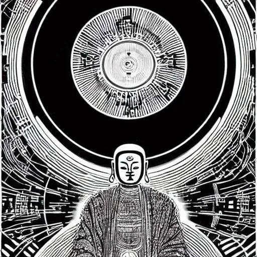 Prompt: techno buddah in front of concentric geometric radial sun portal with ancient wuji symbols embedded within it, black fine lines, stanley donwood, victo ngai