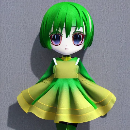 Image similar to cute fumo plush of a girl in a green and gold patterned dress, stylized material bssrdf, cel shading, vray, anime girl