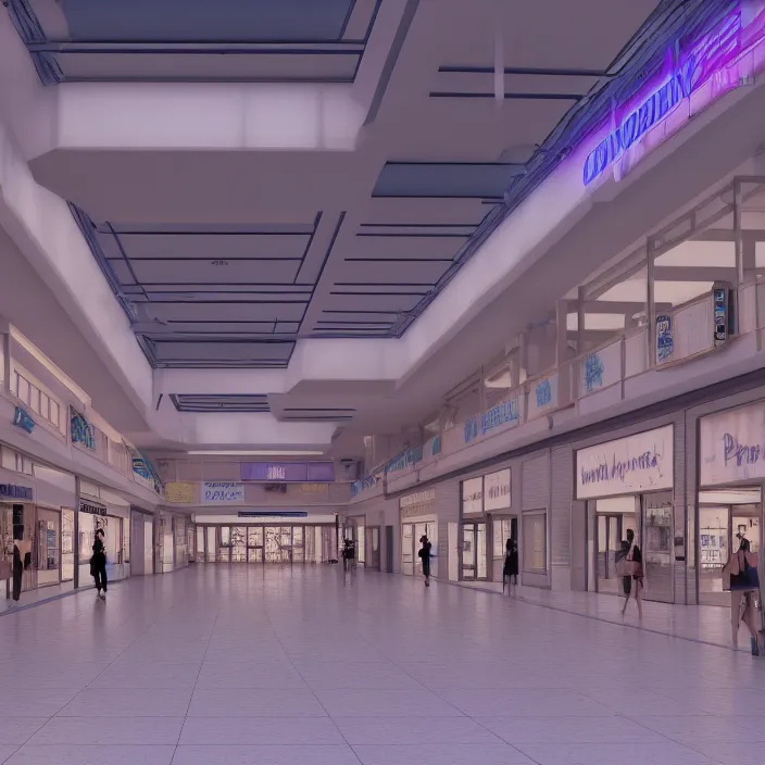 Image similar to vaporwave 9 0 s dreamy empty shopping mall, highly detailed, 3 d render, vray, octane, realistic lighting, photorealistic