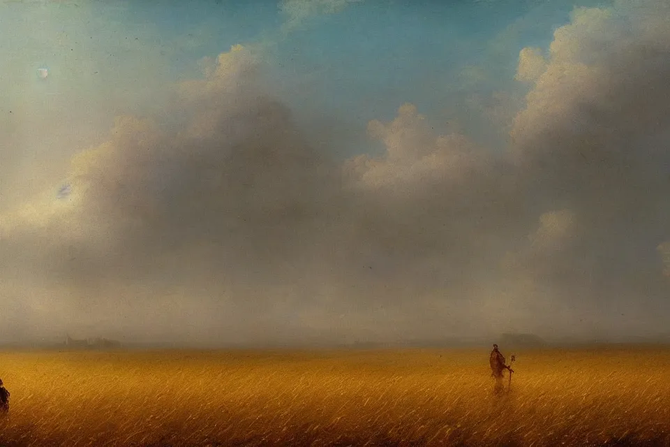 Prompt: concept art of the closed back view of one humanoid robot on the ground, many closed big tall buildings that are obvious to see, vast wheat fields, by Ivan Aivazovsky, godrays, atmospheric, cinematic, distant world, wide angle, detailed