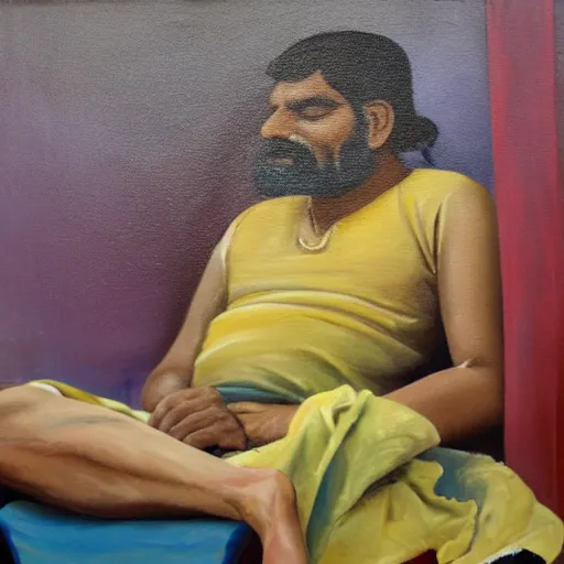Prompt: Indian man sleeping on a school chair, oil painting