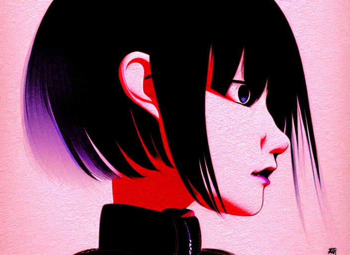 Image similar to editorial illustration colorful, anime portrait of shiina ringo, katsuhiro otomo, manga, ilya kuvshinov, fine texture, realistic shading, fine details, matte colors, film noir, dramatic lighting, dynamic composition, mucha, moody, vivid, volumetric, stippled lighting