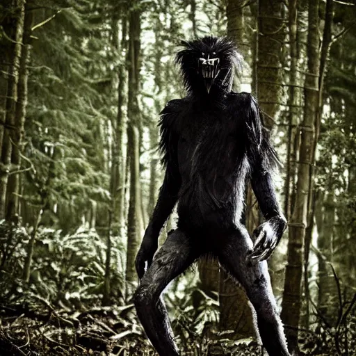 Image similar to werecreature consisting of male human and crow, photograph captured in a forest