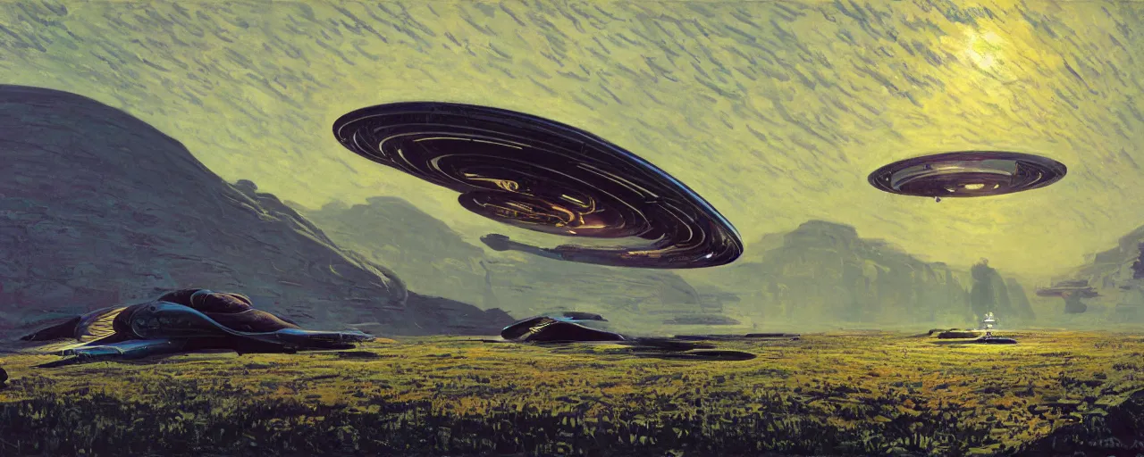 Prompt: Alien Spaceship designed by syd mead, by Simon Stålenhag and Claude Monet, oil on canvas