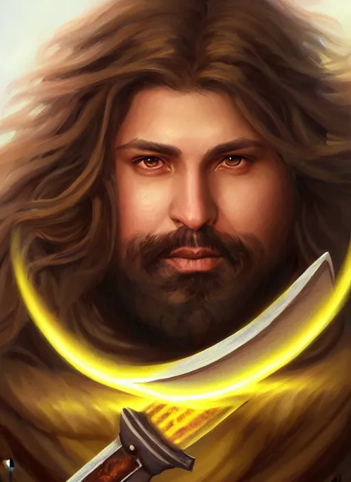 Image similar to a _ fantasy _ style _ portrait _ painting _ of light brown male holy paladin with long wavy brown hair chubby and beard, hammer weapon, rpg dnd oil _ painting _ unreal _ 5 _ daz. _ rpg _ portrait _ extremely _ detailed _ artgerm _ greg _ rutkowski _ greg