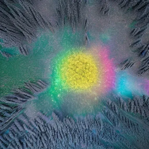 Image similar to An incredible matte photograph of an ailen landscape taken from a satellite looking straight down, Nikon D5 Sigma 50–500mm lens, ambient occlusion, volumetric lighting, rtx ray tracing, unreal engine, psychedelic colors, by Vadim Sadovski artstation, Lighting by Charly Vanlaere artstation