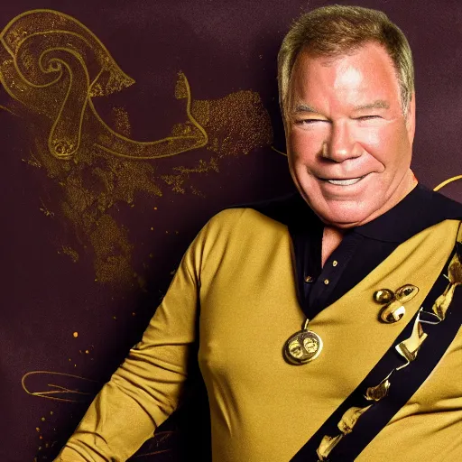 Image similar to william shatner wearing a gold shirt with black collar, digitla art