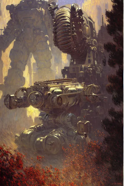 Image similar to fallout, huge machine robot, cool tint, painting by, gaston bussiere, craig mullins, j. c. leyendecker, claude monet