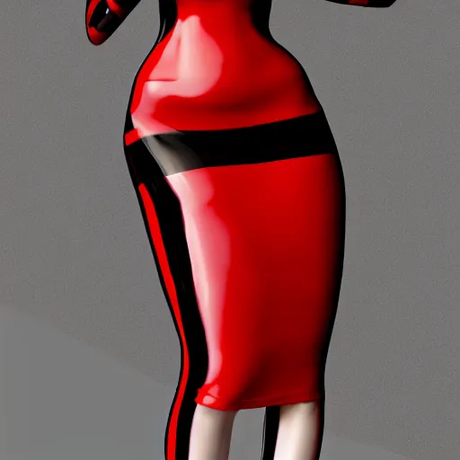 Image similar to a curvy pale goth woman wearing an elegant modest tight shiny red-black striped latex high-neck dress, cgsociety, photorealistic, sublime-cool-hot-hyperadvanced, 16k, smooth, sharp focus, trending on ArtStation, volumetric lighting, fully clothed, thin waist