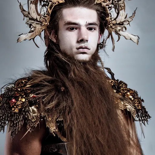 Prompt: a portrait of a beautiful young druid male wearing an alexander mcqueen armor , photographed by andrew thomas huang, artistic