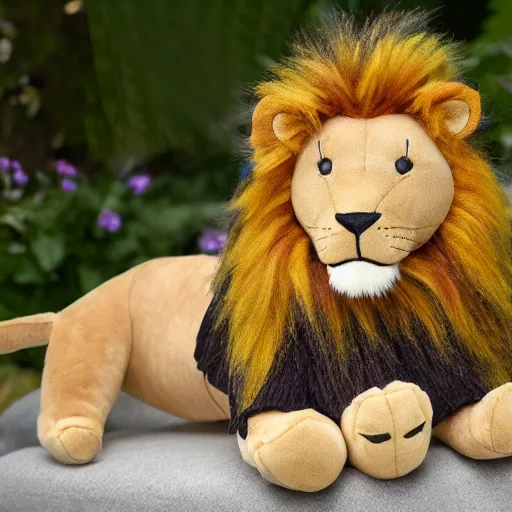 Prompt: a lion plush. beautifully made, detailed, cute, soft. high quality, studio lighting, product image