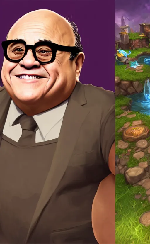 Image similar to Danny DeVito as a character in the game League of Legends, with a background based on the game League of Legends, detailed face, old 3d graphics