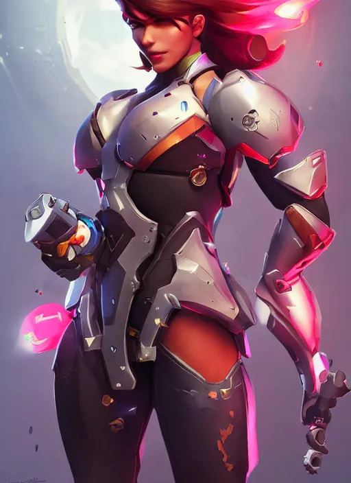 Image similar to poster!! ( overwatch ) beautiful new female character for overwatch, character concept art, action pose, full body armor, steel plating, huge weapon, super powers, athletic, long red hair, symmetry, intricate design, shiny, highly detailed, hd, dramatic lighting, art by artgerm and greg rutkowski