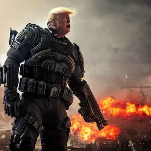 Image similar to Movie still of Donald Trump as ((the punisher)) in Gears of War, splash art, movie still, cinematic lighting, dramatic, octane render, long lens, shallow depth of field, bokeh, anamorphic lens flare, 8k, hyper detailed, 35mm film grain