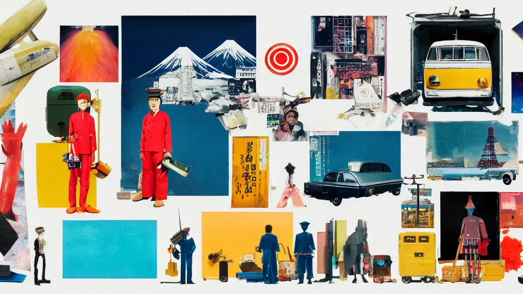 Prompt: an arrangement of popculture traveller props, japan, a collage painting, in the style of wes anderson, lola dupre, david hockney, isolated on negative white space background dark monochrome neon spraypaint accents volumetric octane render