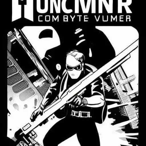 Image similar to comic book spy hunter video game illustration black and white