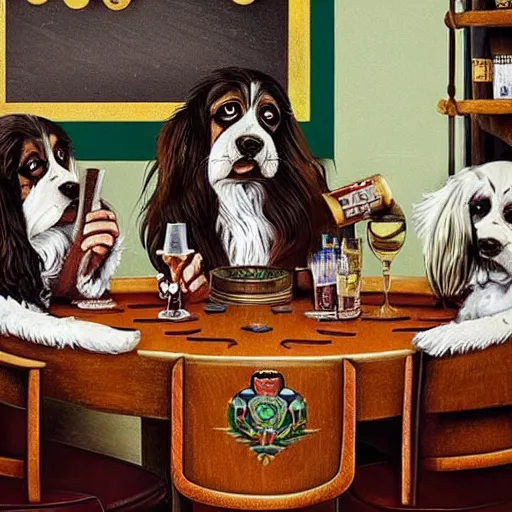 Prompt: A beautiful illustration of Tibetan spaniels sitting round a poker table smoking cigars, little glasses of whiskey and poker chips are scattered all over, photorealistic