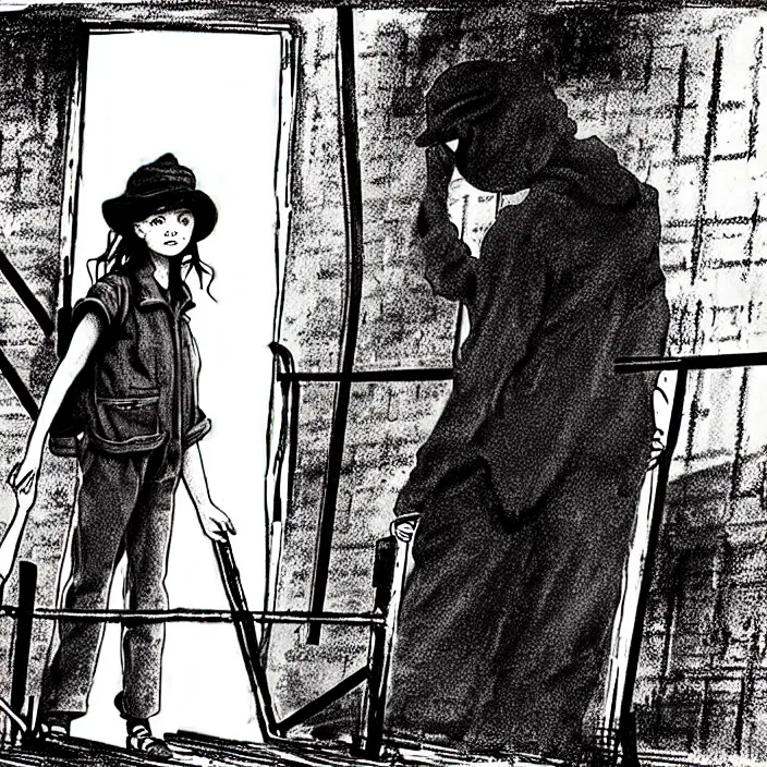 Image similar to sadie sink in dirty workmen clothes waves goodbye to workmen. near a gate. background : factory, dirty, polluted. technique : black and white pencil and ink. by gabriel hardman, joe alves, chris bonura. cinematic atmosphere, detailed and intricate, perfect anatomy