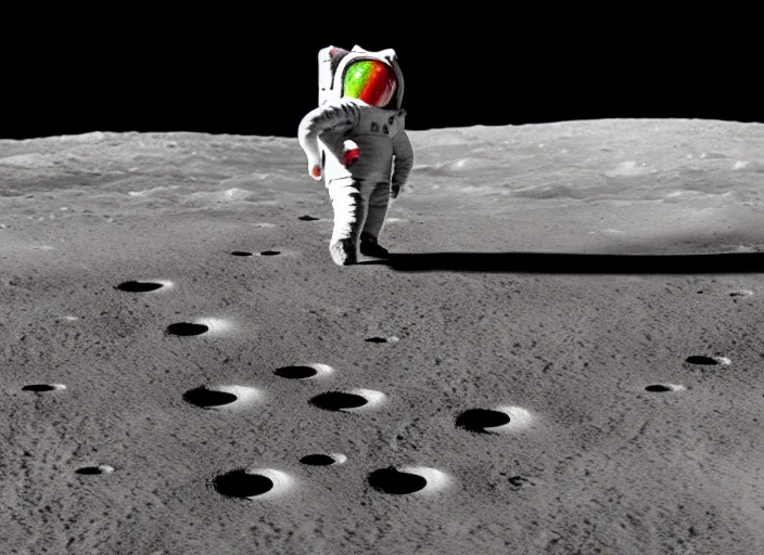 Image similar to a gummy bear walking on the moon staring back at a tiny earth, photorealistic