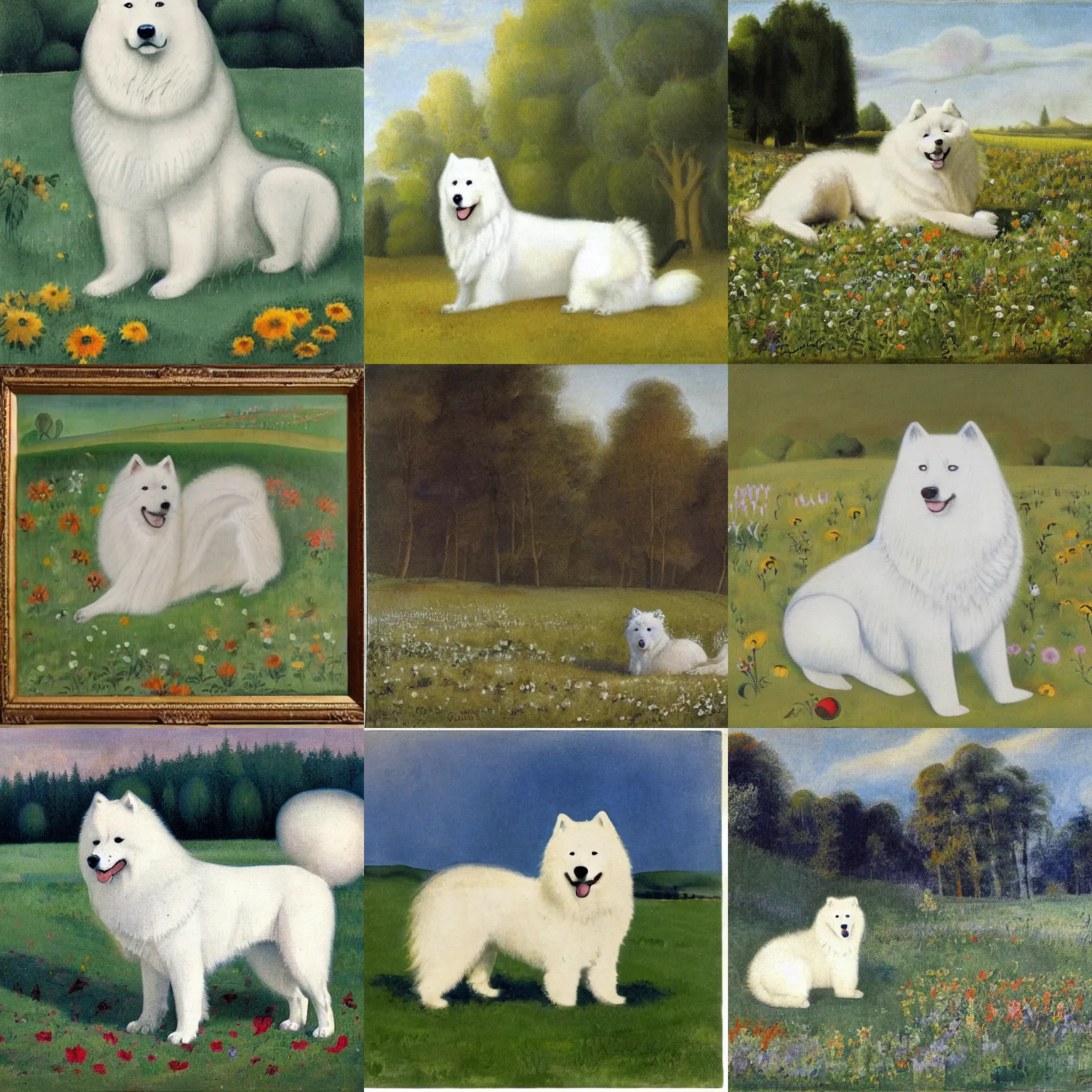 Prompt: a samoyed dog sitting in the middle of sunny meadow, by heinrich campendonk