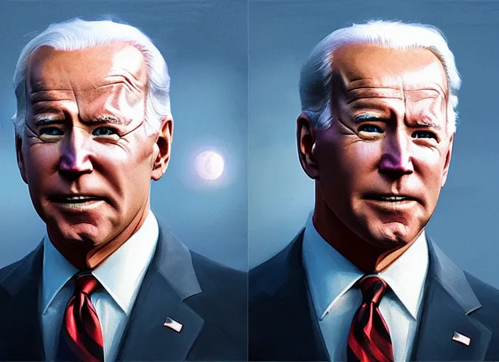 Image similar to portrait of photorealistic joe biden, shadow cast over face, beautiful park landscape lit by blood moon, rule of thirds, painting by sargent and leyendecker, fantasy, medium shot, intricate, matte painting, crimson gradient, dynamic lighting, by greg rutkowski and greg tocchini and james gilleard and joe fenton and greg manchess
