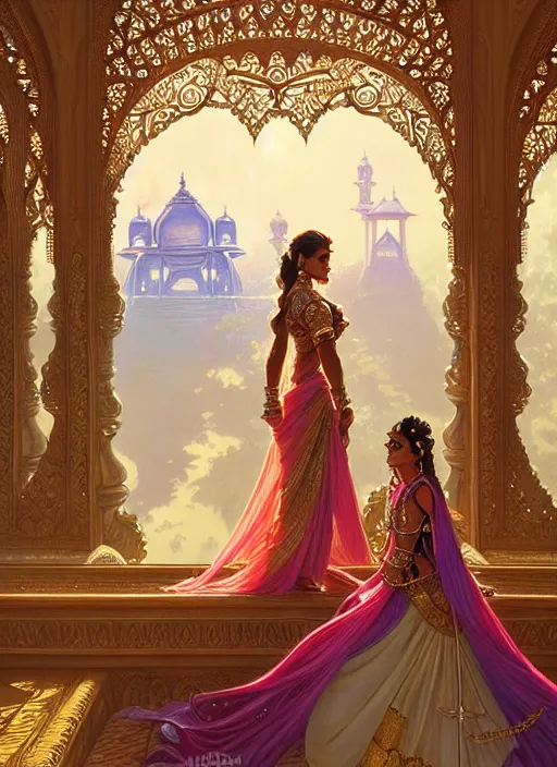 Prompt: an indian prince and princess in a palace, shiny, fantasy, intricate, elegant, hyper detailed, ultra definition, photoreal, artstation, unreal engine rendered, concept art, smooth, sharp focus, illustration, art by artgerm and greg rutkowski and alphonse mucha and garis edelweiss
