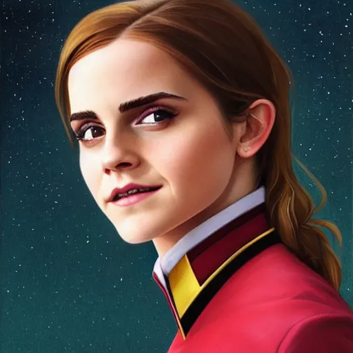 Image similar to portrait of Emma Watson wearing his starfleet captains uniform, looking at camera, D&D, intricate, elegant, stylish, cute smile, mouth slightly open, fantasy, extremely detailed, digital painting, artstation, concept art, smooth, sharp focus, illustration, stunning lighting, art by artgerm and greg rutkowski and alphonse mucha and simon stalenhag, realistic character concept, high fantasy, light atmosphere, golden ratio, cinematic lighting, hyperdetailed, high resolution, insanely detailed and intricate, artstation, Marc Simonetti, Greg Rutkowski