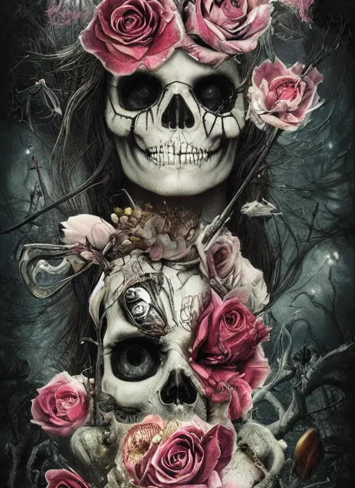 Image similar to Alice in Wonderland,roses,bullets,death tarot card,highly detailed,half skull face,cinematic,8k,by Stanley Artgermm,Tom Bagshaw,Greg Rutkowski,Carne Griffiths, Ayami Kojima, Beksinski, Giger,trending on DeviantArt,hyper detailed,horror, full of colour