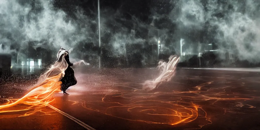 Image similar to slow motion with trail effect of futuristic break dancer wearing floating long dress and emitting fire, long exposure shot , at night in the middle of a rainy street, paddle of water, steam, fog, water splashes, rim lights, glossy reflections, water droplets on lens, octane render, dark and dramatic, explosion in the background, detailed and soft, fisheye