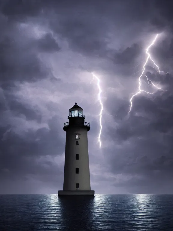 Image similar to photo of 8k ultra realistic lighthouse on island, heavy rain, ,lightning storm, boat lights in distance, night, light shining, heavy seas, full of colour, cinematic lighting, battered, trending on artstation, 4k, hyperrealistic, focused, extreme details,unreal engine 5, cinematic, masterpiece, art by Alena Aenami