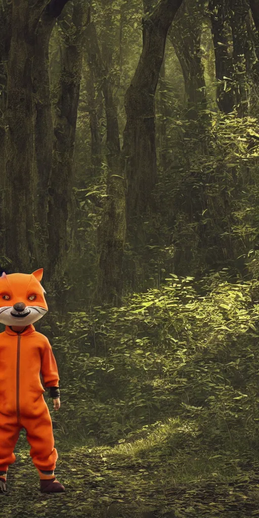 Prompt: a boy in an orange fox outfit but you can see his face, sunny day in the forrest, moody , lovecraft, giger, ridley scott, zack snyder, Fenghua Zhong, realistic cinematic lighting, establishing action shot, ultra detailed, hyper realism, photo, octane render.