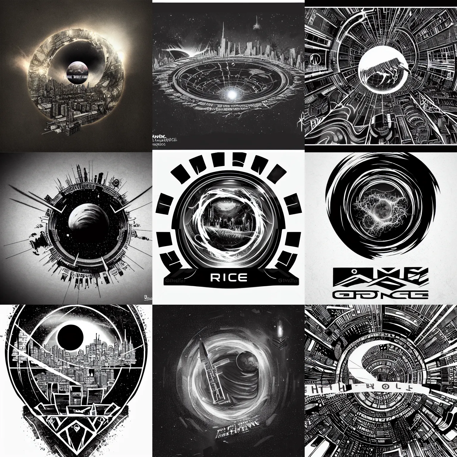 Prompt: concept art of tattoo png logo of black hole rising above city, city destroyed by shockwave, black hole with accretion disс, vector logo, sticker, black and white, pencil and ink drawing, art by, greg rutkowski