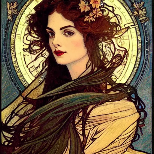 Image similar to ann hathaway portrait by louis - theophile hingre and alphonse mucha, realistic, sharp focus, zodiac signs, tarot cards, planets, ethereal, art nouveau, magic, moon, sun, crown, dreamy, royal, jewellery