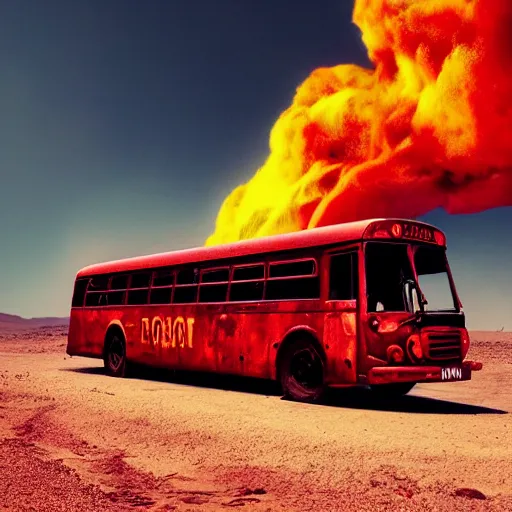 Prompt: photo of a red bus in desert, mad max fury road style, dynamic, fast moving